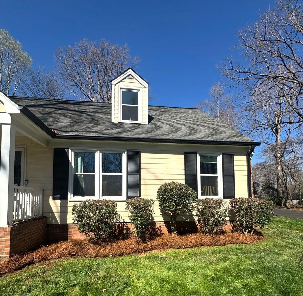 Shaped shrubs and fresh pine straw beds
